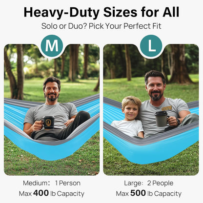 Camping Hammock 400Lbs Capacity Outdoor Camping Essentials, Single | Outside&Indoors, Tree-Friendly Straps, Attached Carry Bag, 210T Parachute Nylon, D-Shaped Carabiners, Lightweight, Hand Wash2