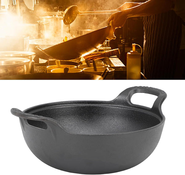 Cast Iron Wok Pan 14 Inch Pre Seasoned Stir Fry Skillet with Wooden Lid Flat Bottom Oven Safe for Authentic Asian Cooking on Stovetop for Home Cooks (25Cm)4