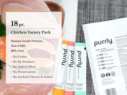 Purrly Lickable Wet Cat Treats Healthy Grain-Free Chicken Variety Pack (18 Count) Squeezable Creamy Purée with Human-Grade Protein Functional Nutrients Non-Gmo No-Artificial-Additives Low-Phosphorus4