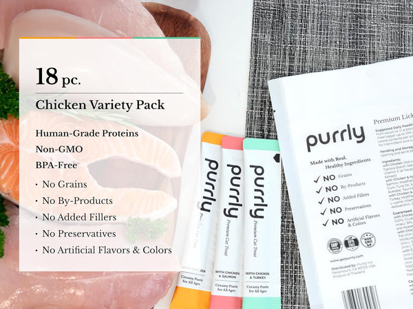 Purrly Lickable Wet Cat Treats Healthy Grain-Free Chicken Variety Pack (18 Count) Squeezable Creamy Purée with Human-Grade Protein Functional Nutrients Non-Gmo No-Artificial-Additives Low-Phosphorus4