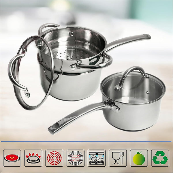 Stainless Steel Saucepan Glass Lid Casting Steel Handle Induction Impact Bonded 8 PCS Set Steamer6