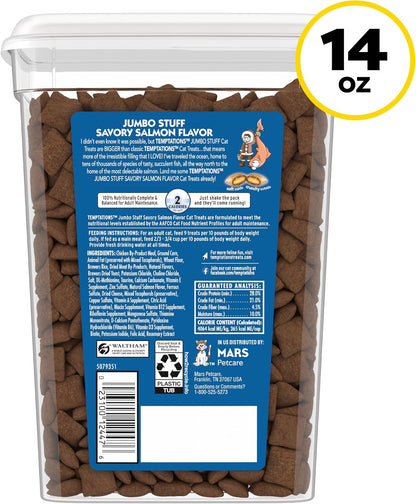 Temptations Jumbo Stuff Crunchy & Soft Cat Treats, Salmon, 14 Oz | Bigger than Classic Temptations, Crunchy Outside, Soft Inside, under 2 Calories per Treat, Stay-Fresh Resealable Tub9
