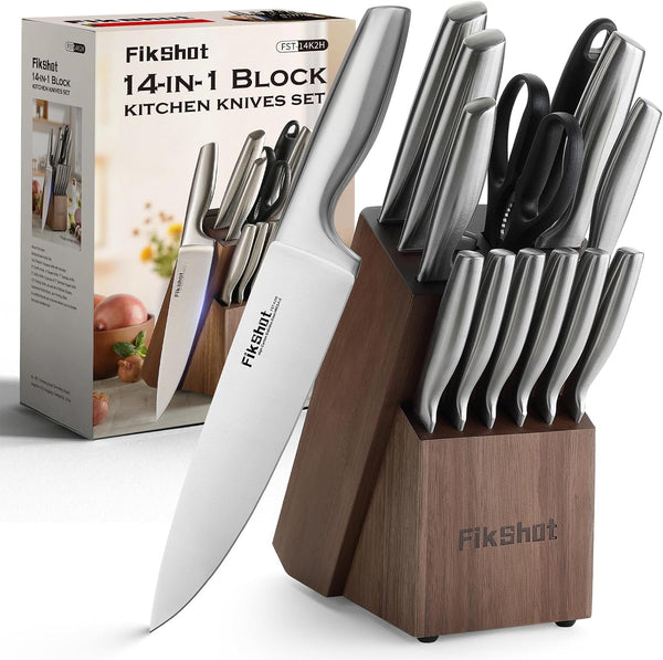 14 Pieces Knife Block Set German Stainless Steel with Sharpener | Razor-Sharp Santoku Knives, Fruit & Kitchen Knives, Rust Resistant for Homecooks, BBQ Prep (Silver + Walnut)1
