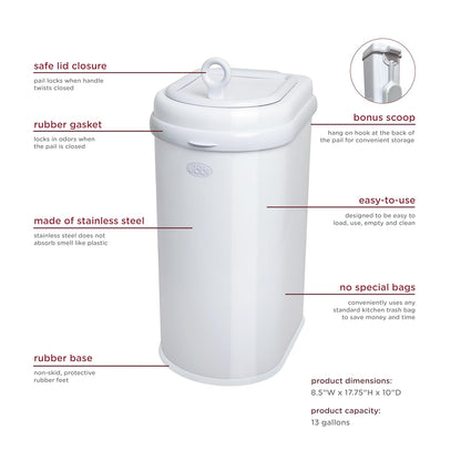 Ubbi Pet Waste Pail, White | Odor-Locking Cat Litter Disposal System, Stainless Steel Pet Waste Can with Safety Lock & Scoop, No Special Bags Required4