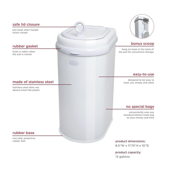 Ubbi Pet Waste Pail, White | Odor-Locking Cat Litter Disposal System, Stainless Steel Pet Waste Can with Safety Lock & Scoop, No Special Bags Required4