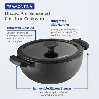 Utsava Pre-Seasoned Cast Iron 3.9-Quart Kadai with Lid | Kadhai Pot for Indian Cooking3