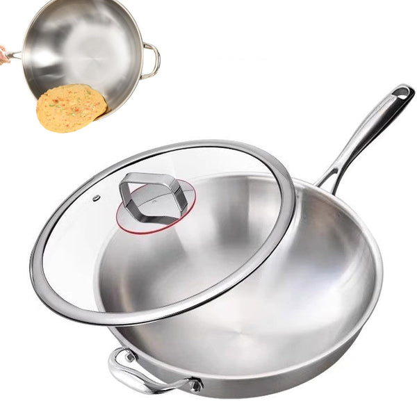 Titanium Wok Pure, No Coating Non-Stick Titanium Cookware, Frying Pans, Ultra-Durable, Scratch-Resistant, Even Heating Frying Pans with All Cooktops,With Lid,11.81In1
