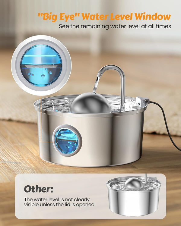 AONBOY Cat Water Fountain Stainless Steel, 108Oz/3.2L Cat Fountain, Pet Water Fountain with Water Level Window, Hemispherical Shape, Multi-Filter, Silent Pump, Water Tap, Provides Flowing Water2