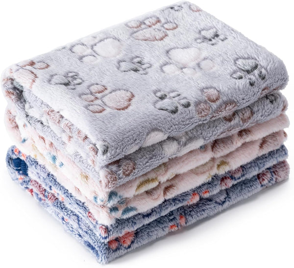 1 Pack 3 Blankets Super Soft Fluffy Premium Fleece Pet Blanket Flannel Paw Printed Throw for Dog Puppy Cat (Small 23X16'', Brown, Pink, White)15