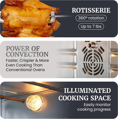 ETO4510B# French Door Convection Oven 47.5Qt, Stainless Steel | 18-Slice Capacity, 4-Control Knobs for Bake/Broil/Toast/Rotisserie/Keep Warm, Includes 2 X 12" Pizza Racks3