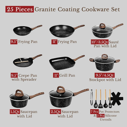 25 Pcs Pots and Pans Set, Nonstick Ceramic Cookware Sets, Healthy Non-Toxic, Large Capacity, Induction Compatible, Cooking Set with Frying Pans & Saucepans, PFAS/PTFE/PFOA Free, Classic Black2