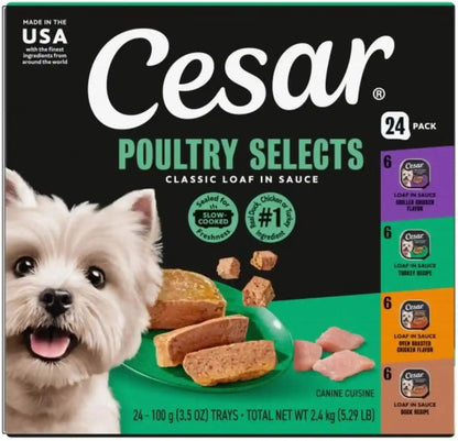 Cesar Wet Dog Food Classic Loaf in Sauce Grilled Chicken, Filet Mignon, Porterhouse Steak, Beef, Chicken & Liver and Turkey Variety Pack 3.5 Oz. Easy Peel Trays (36 Count, Pack of 1) | Made in USA, Real Meat #1 Ingredient, No Fillers or Artificial Flavors, Formulated without Grains, Easy Peel Trays18