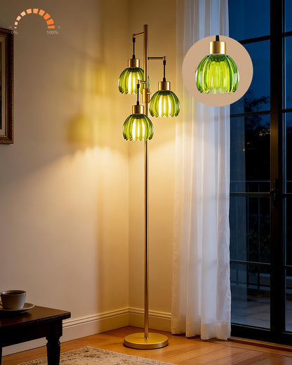 Glass Floor Lamp Green Lotus Flower Shade Dimmable Gold Floor Lamp | 3000K Bulbs Included 3-Light Modern Tall Floral Standing Lamp with 5Lbs Heavy Base for Living Room/Bedroom/Sofa Beside/Decor1