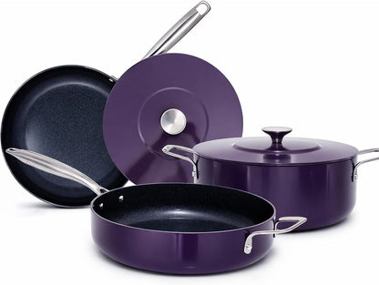 Essential Series 5PC Ceramic Cookware Set Pfas-Free, Dishwasher Safe | G11 Duralon Blue Coating, Pots and Pans Set Non-Stick, Scratch-Resistant, Stay-Cool Handle, Metal Lid, Induction Ready1