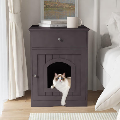 Espresso Wooden Cat Litter Box Enclosure with Drawers - Stylish Nightstand & Side Table2
