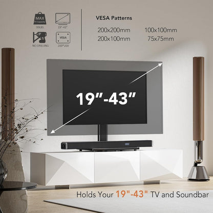 Universal Swivel Tv/Table Top TV Stand for 19 to 43 Inch Tvs with 90 Degree Swivel, 4 Level Height Adjustable, Heavy Duty Tempered Glass Base, Holds up to 99LBS HT02B-0012