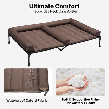 Veehoo Elevated Dog Bed for 2 Dogs, Cooling Raised Dog Bed with Bolster Mat | Outdoor Double Dog Bed with Removable Waterproof Cushion, Breathable Mesh, Non-Slip Feet for Outdoor & Indoor, 49", Brown3