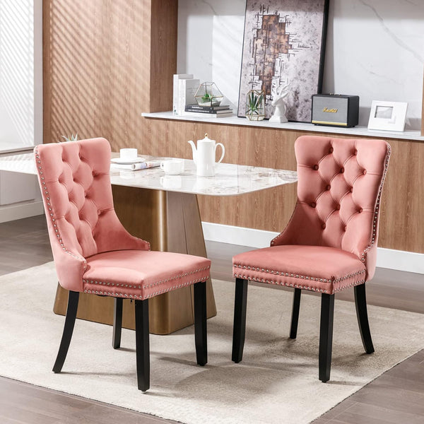 Pink Velvet Dining Chairs Set of 6, Tufted Back with Ring Pull | Nailhead Trim; Padded Seat and Back; Solid Wood Legs; Armless Design; Modern Style; Dining Room, Kitchen or Restaurant；7