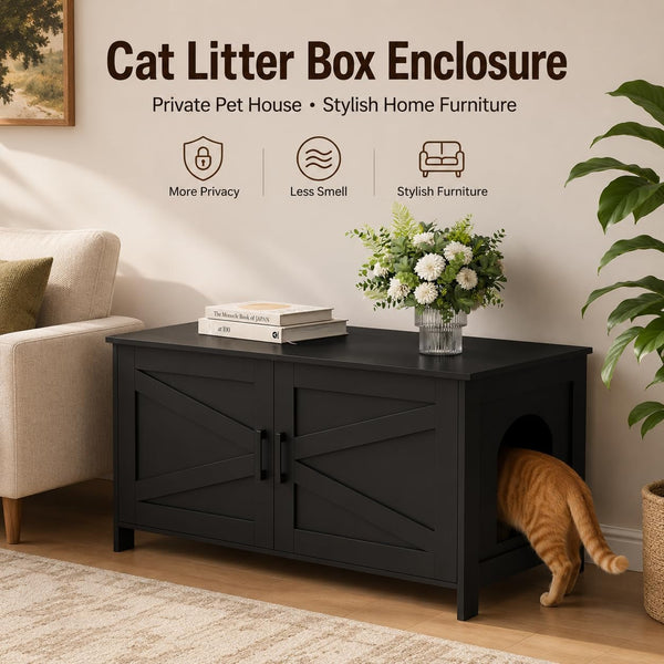 Homhedy 39.4" L Cat Litter Box Enclosure with Barn Door, Black | Wooden Cat Washroom Furniture, Cat House, Pet Storage Cabinet, Dog-Proof, Fit Most of Litter Box, Farmhouse Style3