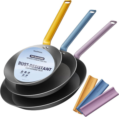 Carbon Steel Frying Pan Set, 8 10 12 Inch Nitrided Skillets | Complete Size Range for Everyday Cooking; Preseasoned Surface Develops Natural Patina without Coatings1