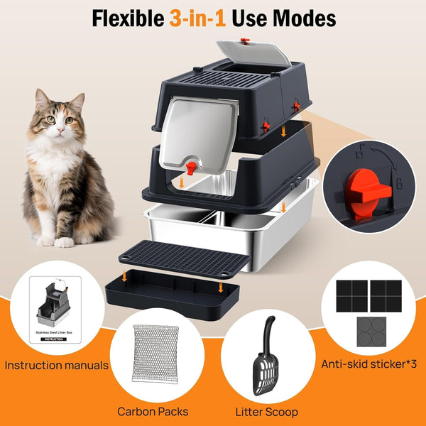 Stainless Steel Litter Box with Lid, Enclosed Metal Litter Box, Extra Large Kitty Litter Pan Covered with Scoop & Pedal, Odor Control, Odor Free, Front & Flip-Top Entry, Black7