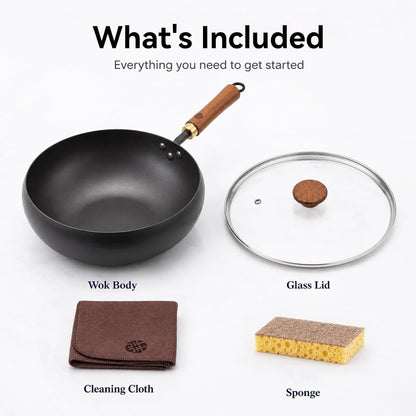 9.5-Inch Carbon Steel Wok with Lid, Flat Bottom Stir Fry Pan | Deep 3.5 QT Bowl for 1–2 Servings; Smooth Carbon Steel Surface; Flat Base for Induction, Gas, Electric and Ceramic Cooktops9