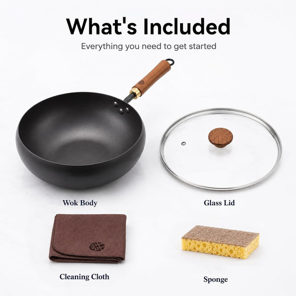 9.5-Inch Carbon Steel Wok with Lid, Flat Bottom Stir Fry Pan | Deep 3.5 QT Bowl for 1–2 Servings; Smooth Carbon Steel Surface; Flat Base for Induction, Gas, Electric and Ceramic Cooktops9