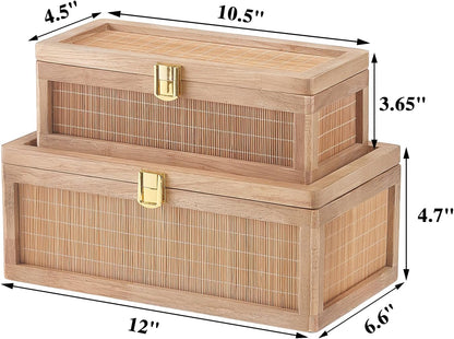 Natural Bamboo Decorative Box with Lids, Unique Decorative Boxes Set of 2, Boho Wedding Keepsake Box, Memory Box with Lid for Crafts, Trinkets and Photo Storage4