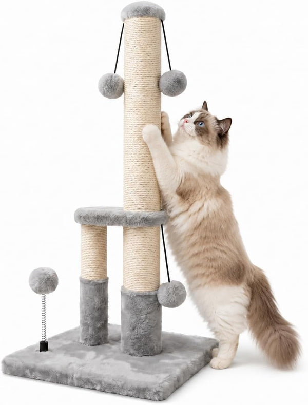 Dimaka Tall Cat Scratching Post, Double Lower Posts Extra Stable Cat Post Tree Scratcher with Sisal Rope and Teasing 4 Balls Total Large Base (Grey)1