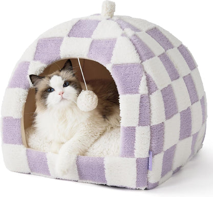 Lesure 2In1 Cute Cat House for Kitten with Washable Cushioned Pillow,16In | Cat Beds for Indoor Cats,Small Pet Cave Tent,Cozy Enclosed Foldable Hideaway,Fluffy Ball,Anti Slip Bottom,Hand Strap,Purple9