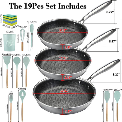 Tri-Ply Stainless Steel Frying Pan Set, 19 Piece Nonstick Skillet Cookware Set with 3 Fry Pans 9.5 10.25 11 Inch, Induction Compatible, Kitchen Utensils Included6
