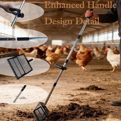 Chicken Poop Scooper & Rake 2-In-1, Adjustable 35"-65" Stainless Steel Handle, Heavy Duty Metal Black Shovel Head for Chicken Coop Cleaning, Pet Waste, Cat Litter Sifting8
