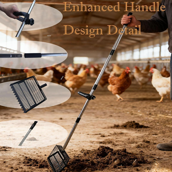 Chicken Poop Scooper & Rake 2-In-1, Adjustable 35"-65" Stainless Steel Handle, Heavy Duty Metal Black Shovel Head for Chicken Coop Cleaning, Pet Waste, Cat Litter Sifting8