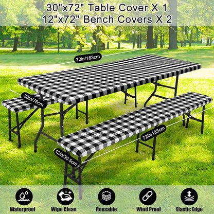 6FT Picnic Table Cover with Bench Covers, Elastic Fitted Tablecloth | Waterproof Washable Rectangle Tablecloths ,Buffalo Plaid Tablecloth for Dining, Camping, Outdoor (Black & White, 30" X 72")9
