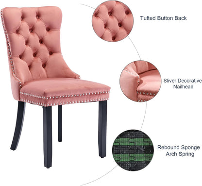 Pink Velvet Dining Chairs Set of 6, Tufted Back with Ring Pull | Nailhead Trim; Padded Seat and Back; Solid Wood Legs; Armless Design; Modern Style; Dining Room, Kitchen or Restaurant；5