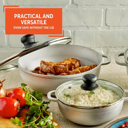 1.5, 2.5 & 5.2 Qt Cast Aluminum Caldero 3 Piece Set with Glass Lid | Polished Finish, Glass Lid with Riveted Handles, Ideal for Rice and Stews, Perfect for Serving Medium and Small Groups4