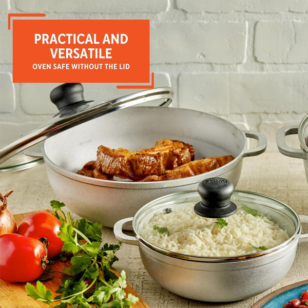 1.5, 2.5 & 5.2 Qt Cast Aluminum Caldero 3 Piece Set with Glass Lid | Polished Finish, Glass Lid with Riveted Handles, Ideal for Rice and Stews, Perfect for Serving Medium and Small Groups4