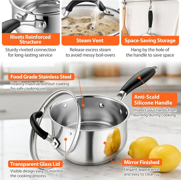 Sauce Pan, 2 Quart Stainless Steel Saucepan with Lid | Small Sauce Pot with Triply Base Fits Induction & Most Stoves, for Cooking Boiling Heating, Even Heat & Dishwasher Safe3