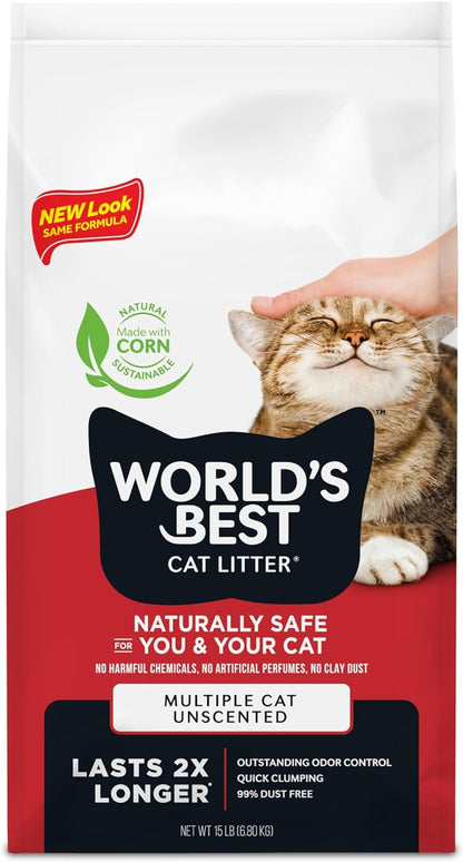 World'S Best Cat Litter, Multiple Cat, Unscented, Odor Control, 15 Lb Bag | Controls Tough Multi-Cat Odors and Lasts 2X Longer; Natural Corn Litter, Quick Clumping, Flushable, 99% Dust Free1