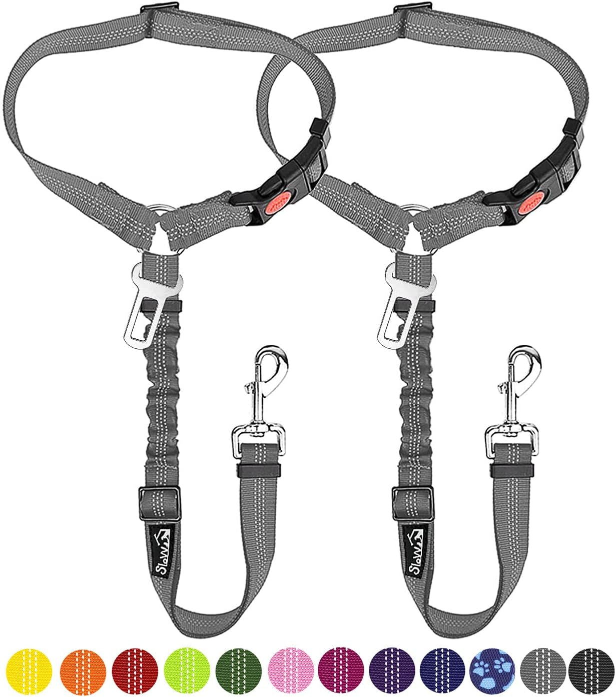 slowton-dog-seat-belt-for-car-2-pack-dog-car-harness-seatbelt-adjustable-with-elastic-bungee-buffer-2-in-1-pet-car-leash-headrest-restraint-dog-reflective-safety-tether-black-headrest-clip