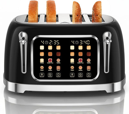 Retro Toaster 4 Slice with Stainless Steel Wide Slot Touch Screen for Family Breakfast, 6 Browning Levels for Bagel & Bread, Reheat & Defrost, Removable Crumb Tray, Jet Black1