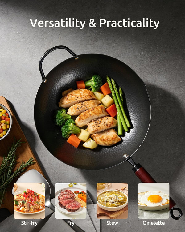 Wok Pan, Carbon Steel Wok, Woks & Stir-Fry Pans Nonstick, 13 Inch Wok Pan with Wooden Lid, Pre-Seasoned Carbon Steel Cookware, 5.8QT Flat Bottom Chinese Wok Pan, Compatible with All Cooktops6