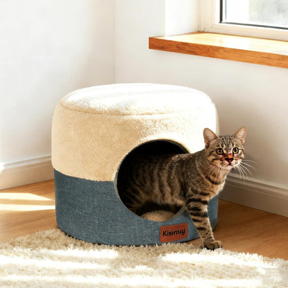 2-In-1 Foldable Cat Bed for Indoor Cats, Cat Cave & Sofa Bed | 15.7"D X 13"H, Reversible Plush & Linen Cushion,Enclosed Cat Bed, Hanging Cat Toys, Non-Slip, Small Cat House, Grey1