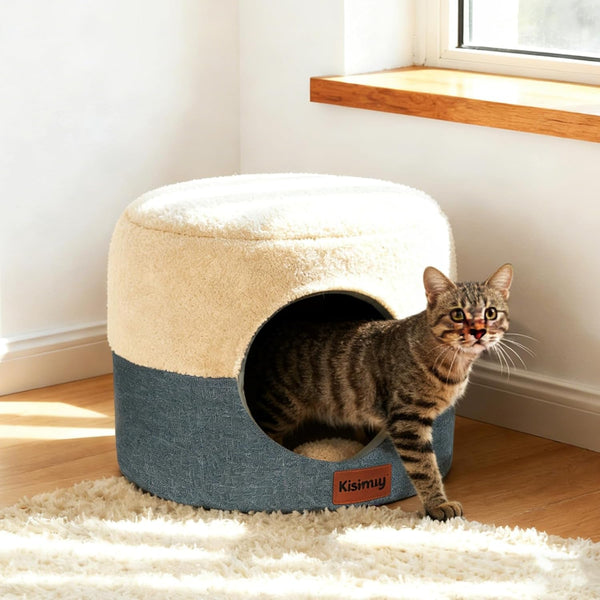 2-In-1 Foldable Cat Bed for Indoor Cats, Cat Cave & Sofa Bed | 15.7"D X 13"H, Reversible Plush & Linen Cushion,Enclosed Cat Bed, Hanging Cat Toys, Non-Slip, Small Cat House, Grey1