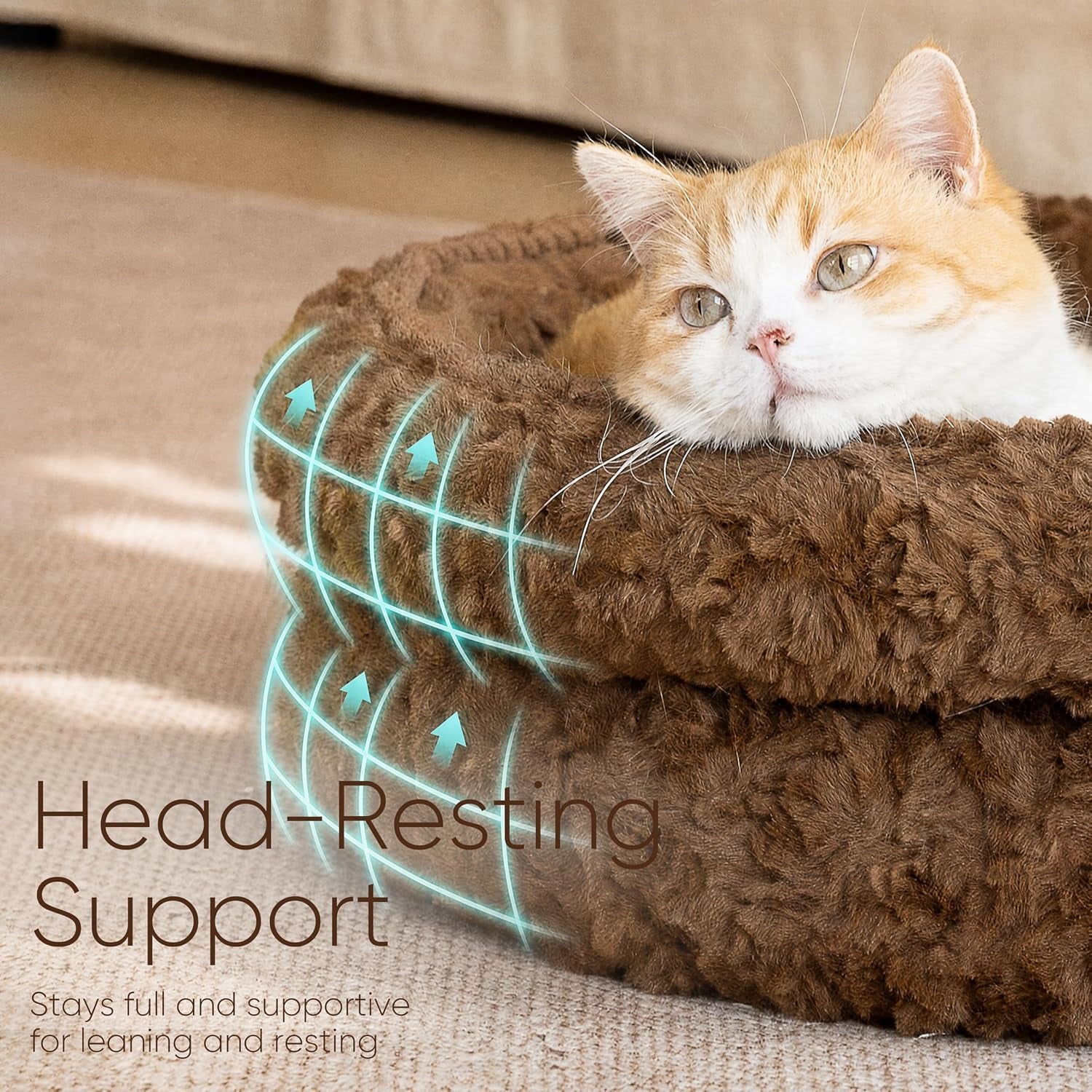 fukumaru-round-cat-bed-plush-washable-calming-dog-bed-with-low-entry-raised-bolster-small-dog-bed-soft-cozy-donut-cat-bed-for-indoor-cats-faux-rabbit-fur-anti-slip-bottom-20-inch-brown