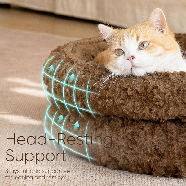 FUKUMARU round Cat Bed, Plush Washable Calming Dog Bed with Low Entry | Raised Bolster Small Dog Bed, Soft Cozy Donut Cat Bed for Indoor Cats, Faux Rabbit Fur & Anti-Slip Bottom, 20 Inch, Brown3