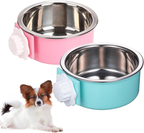 Kathson Crate Dog Bowl, Removable Stainless Steel Hanging Pet Kennel Cage Bowl Food & Water Feeder Coop Cup for Puppy, Cat, Rabbit, Guinea Pigs Ferret Bird (2 PCS, Size: M, Blue and Green)9