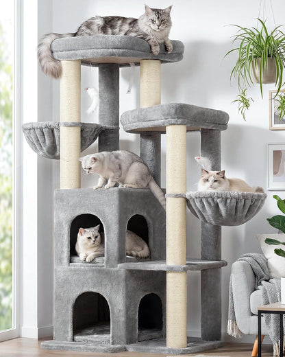 Globlazer Cat Tree Tower for Indoor Cats, 50-Inch Adult Cat Tree House for Large Adult Cats with Steps, Scratching Post, 2 Cat Caves, Dangling Toys, FC50, Light Grey11