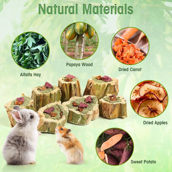 Abizoo Rabbit Chew Toys for Bunny Natural Papaya Wood Chew Treats with Organic Alfalfa Hay, Dried Carrot, Apple and Sweet Potato for Rabbits Guinea Pigs Hamsters Chinchillas Gerbils(3.5Oz/100G)3