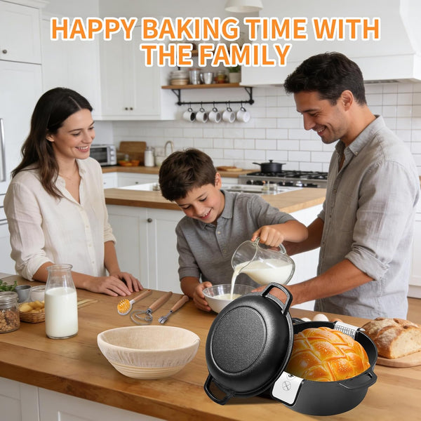 Pre-Seasoned Cast Iron Dutch Oven for Bread Baking - Incl. Sourdough Bread-Baking Supplies like Proofing Basket, 2-In-1 Dutch Oven Pot with Skillet Lid and Dual Handles, Sour Dough Tools, Lame, 5QT8